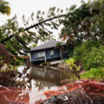 A house surrounded by floodwaters and fallen trees after a storm