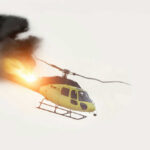 Helicopter on fire with smoke in the sky