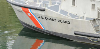 Coast Guard boat with reflection in water